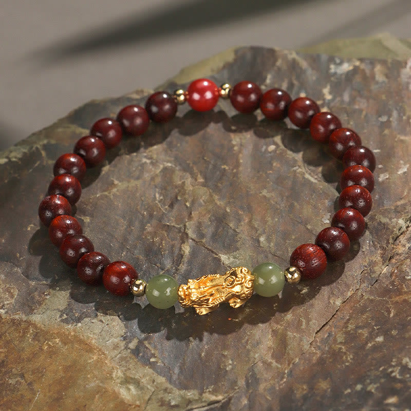 Buddha Stones 999 Sterling Silver Sandalwood Ebony Wood Small Leaf Red Sandalwood Hetian Jade Cinnabar Pixiu Wealth Bracelet