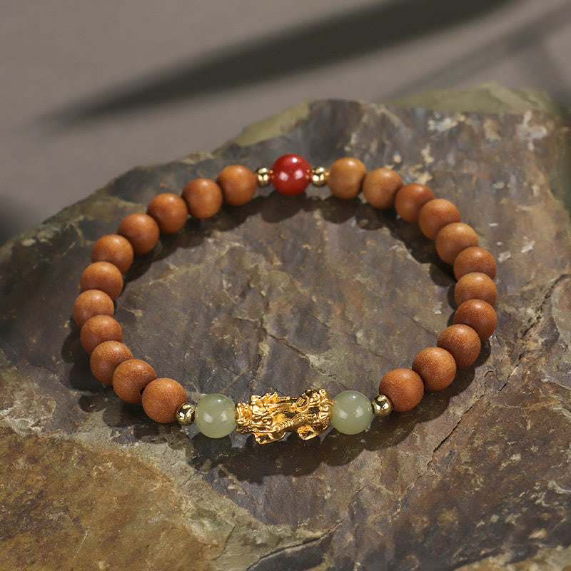 Buddha Stones 999 Sterling Silver Sandalwood Ebony Wood Small Leaf Red Sandalwood Hetian Jade Cinnabar Pixiu Wealth Bracelet