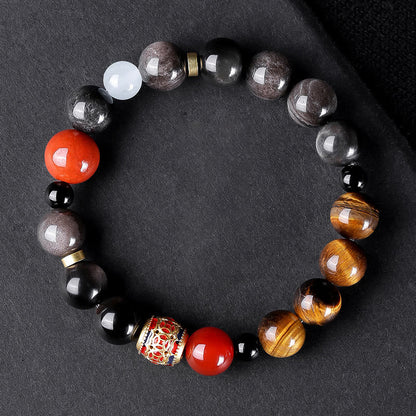 Buddha Stones Natural Silver Sheen Obsidian Tiger's Eye Six True Words 'om Mani Padme Hum' Strength Bracelet