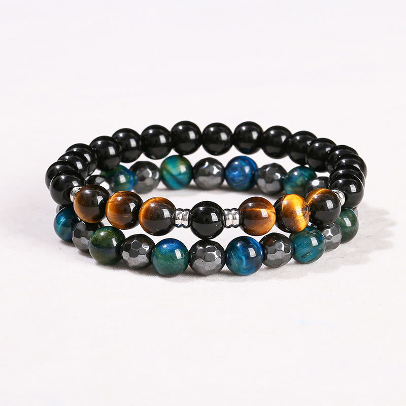 Buddha Stones 2pcs Hematite Tiger Eye Blue Tiger Eye Powerful Bracelet Set