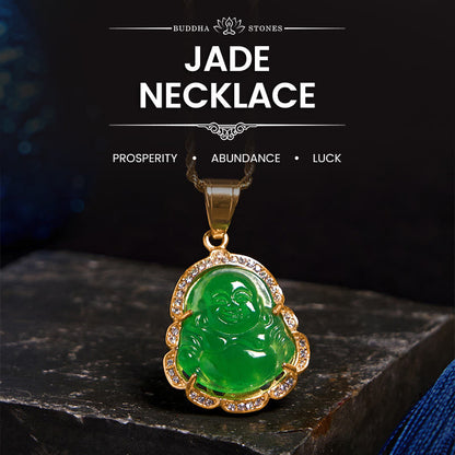 Buddha Stones 18k Gold Filled Laughing Buddha Jade Luck Necklace Chain Pendant