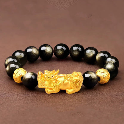 Buddha Stones Natural Gold Sheen Obsidian Pixiu Om Mani Padme Hum Wealth Bracelet