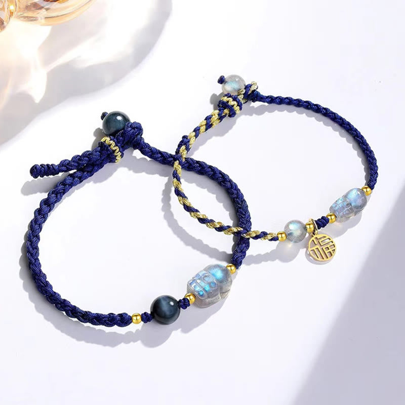 Buddha Stones Moonstone Pixiu Blue Tiger Eye Fu Character Healing Couple String Bracelet