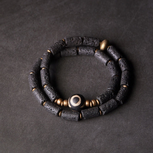 Buddha Stones Lava Rock Three-eyed Dzi Bead Copper Brass Multi-turn Wrap Calm Bracelet