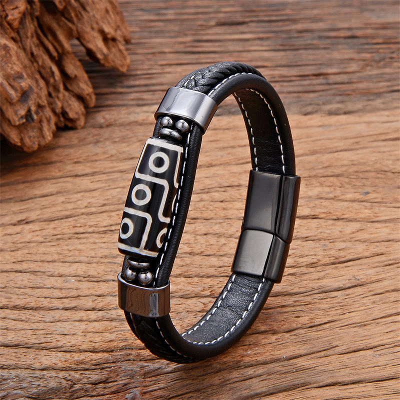Buddha Stones Tibetan Nine-eye Dzi Bead Wealth Leather Buckle Bracelet