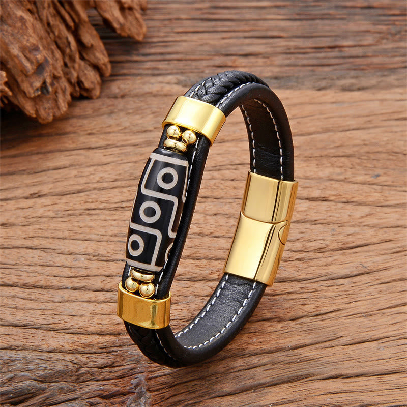 Buddha Stones Tibetan Nine-eye Dzi Bead Wealth Leather Buckle Bracelet