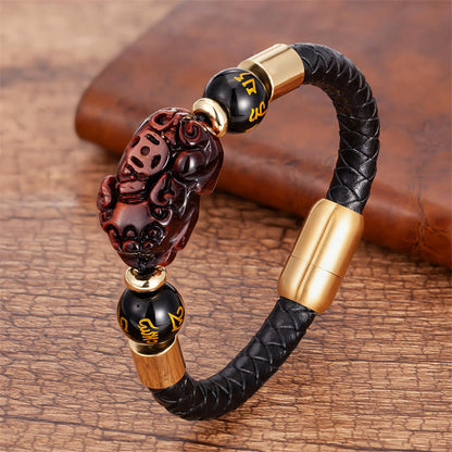 Buddha Stones Tiger Eye Black Onyx Red Agate Pixiu Copper Coin Om Mani Padme Hum Strength Leather Bracelet
