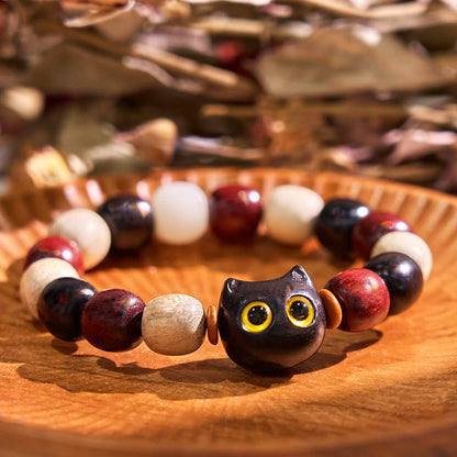 Buddha Stones Small Leaf Red Sandalwood Ebony Wood Cat Engraved Protection Bracelet