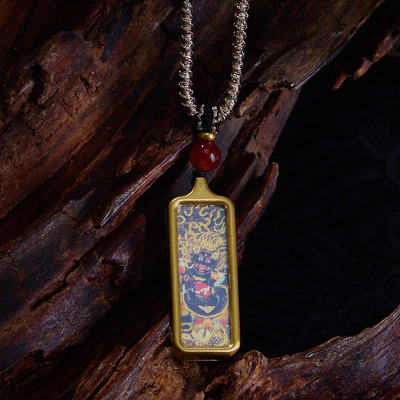 Buddha Stones Tibet Zakiram Yellow God of Wealth Nine Tailed Fox Hand-painted Thangka Calm Necklace Pendant