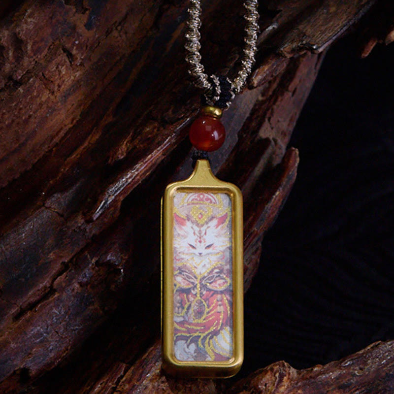 Buddha Stones Tibet Zakiram Yellow God of Wealth Nine Tailed Fox Hand-painted Thangka Calm Necklace Pendant