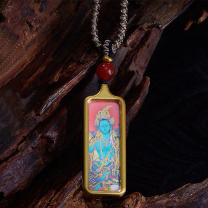Buddha Stones Tibet Zakiram Yellow God of Wealth Nine Tailed Fox Hand-painted Thangka Calm Necklace Pendant