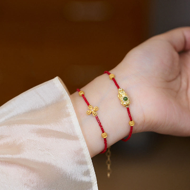 Buddha Stones 24k Gold Plated 925 Sterling Silver Liuli Glass Bead Pixiu Four Leaf Clover Joy and Happiness Wealth Bracelet