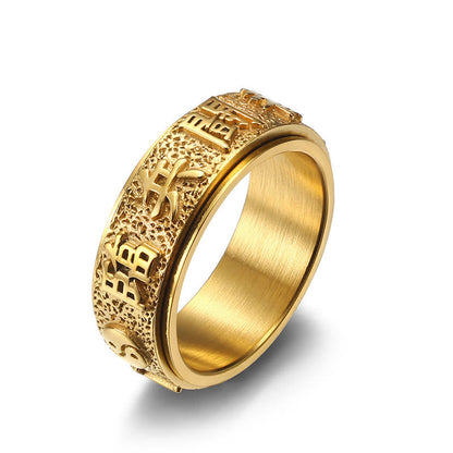 Buddha Stones Tibetan the Nine-word Mantra Yin Yang Pattern Titanium Steel Spinner Balance Ring