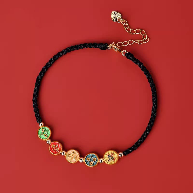 Buddha Stones Red String 925 Sterling Silver Five Ways God of Wealth Connection Bracelet