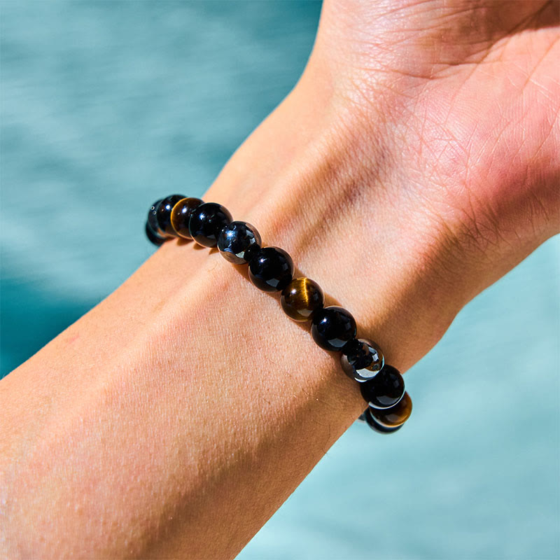 8mm Tiger Eye Obsidian Hematite Bracelet for Protection