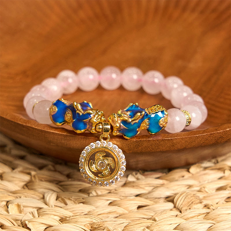 Buddha Stones Pink Crystal Color Change Double Pixiu Cyclone Charm Warmth Bracelet