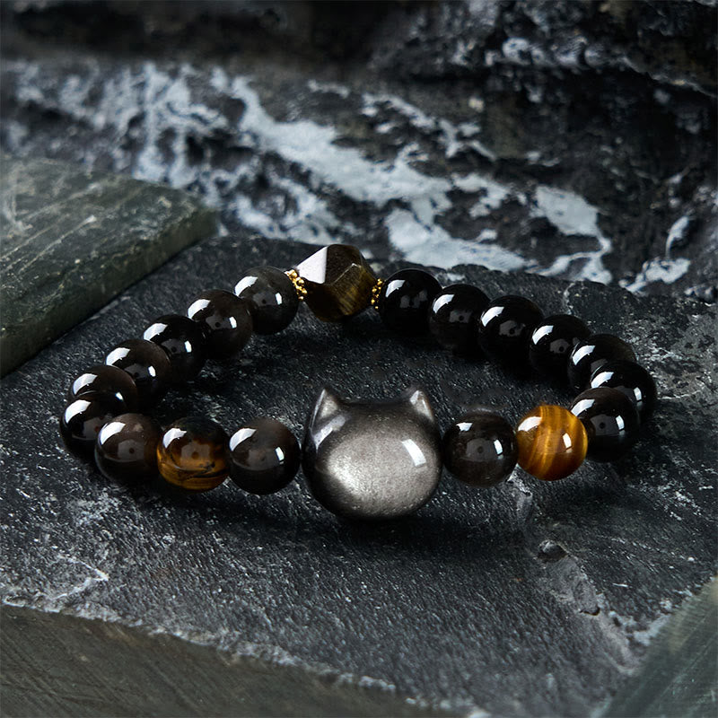 Buddha Stones Natural Silver Sheen Obsidian Beads Cat Soothing Bracelet