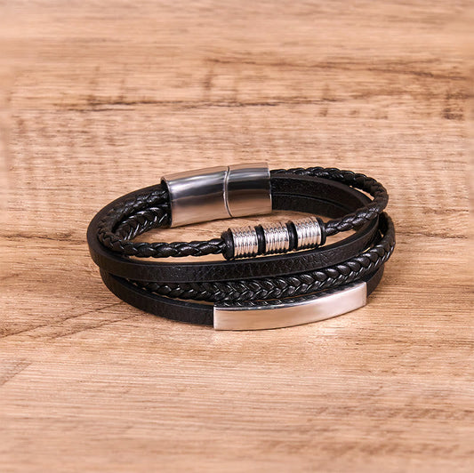 Buddha Stones Titanium Steel Leather Hand Woven Magnetic Buckle Strengthen Bracelet