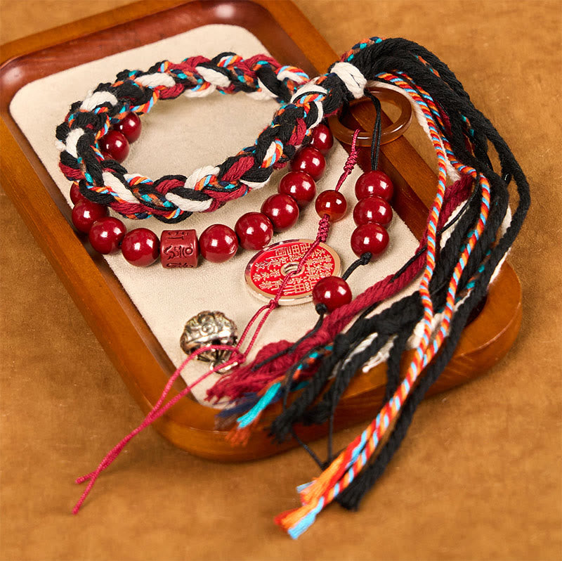 Buddha Stones Tibetan Mountain Ghosts Spend Money Cinnabar Double-layer Red Rope Tassel Protection Bracelet