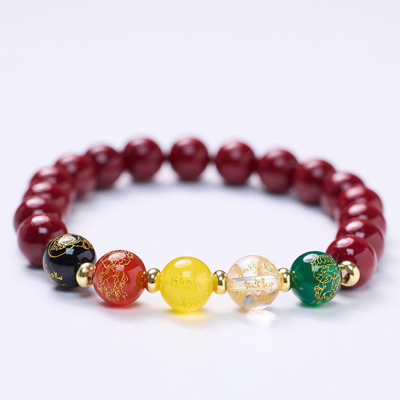 Buddha Stones Cinnabar Agate Five Directions Gods of Wealth Blessing Bracelet