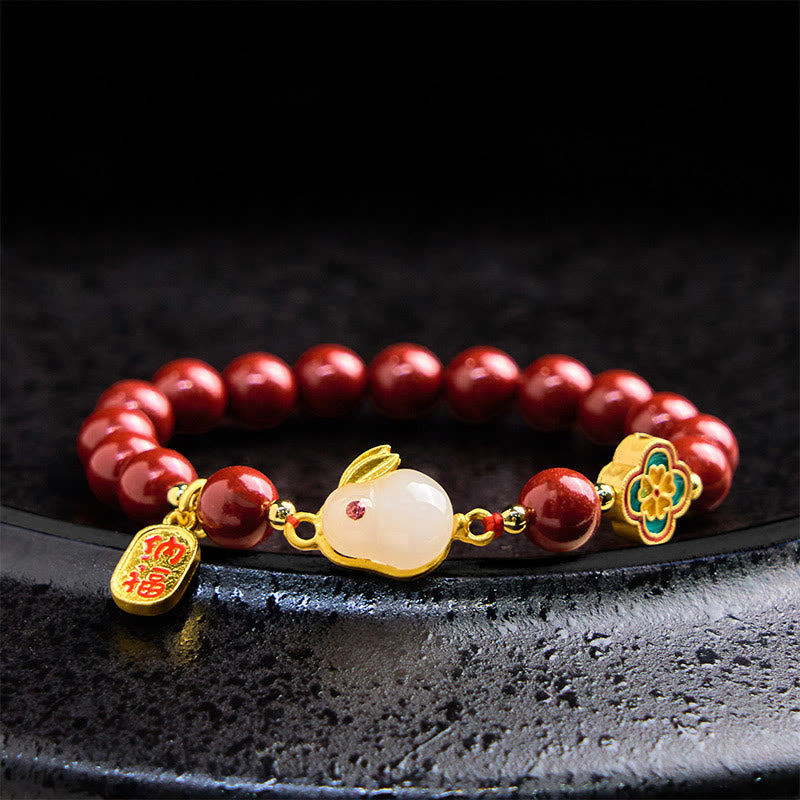 Buddha Stones Cinnabar Rabbit Bunny Fu Character Calm Bracelet