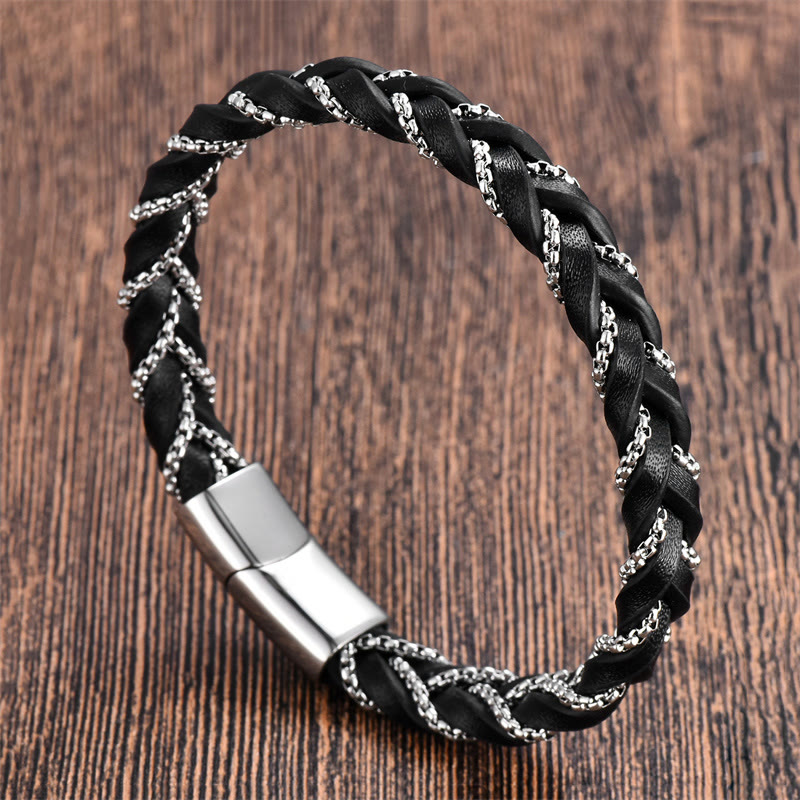 Titanium Steel Calm Spiritual Bracelet With Braided Leather