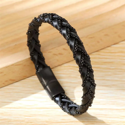 Buddha Stones Simple Design Titanium Steel Calm Braided Leather Buckle Bracelet