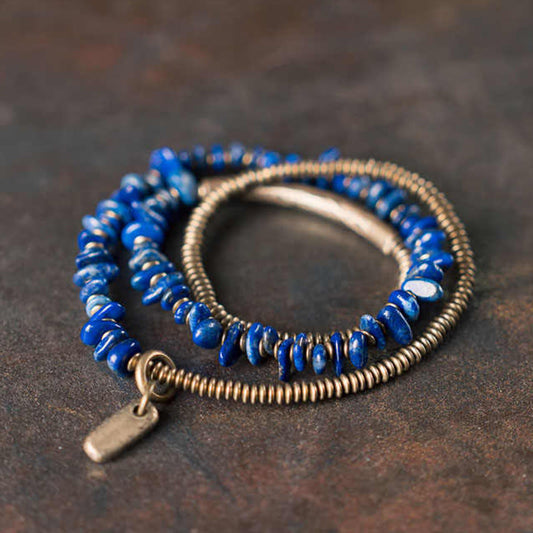 Buddha Stones Irregular Shape Triple Wrap Lazurite Lapis Lazuli Balance Bracelet