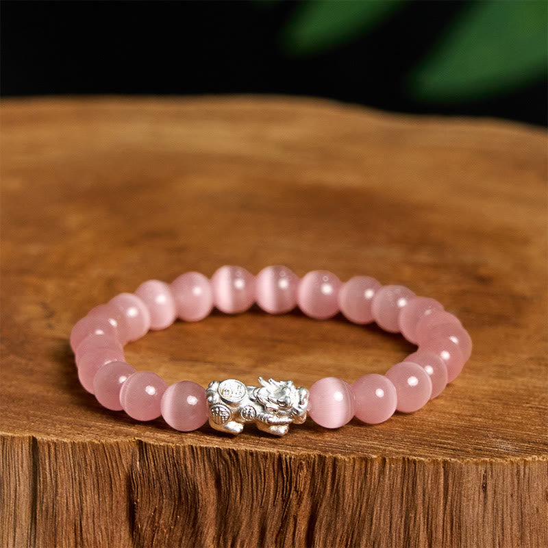 Buddha Stones Natural Cat's Eye Beads 990 Sterling Silver Pixiu Positive Bracelet