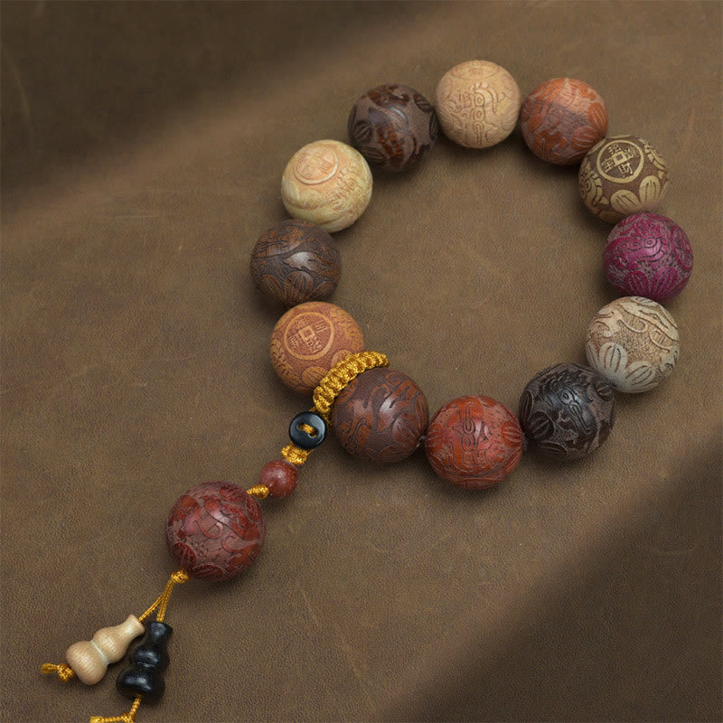 Buddha Stones Carving Sandalwood Chinese Zodiac Auspicious Dragon Phoenix Fu Character Healing Bracelet