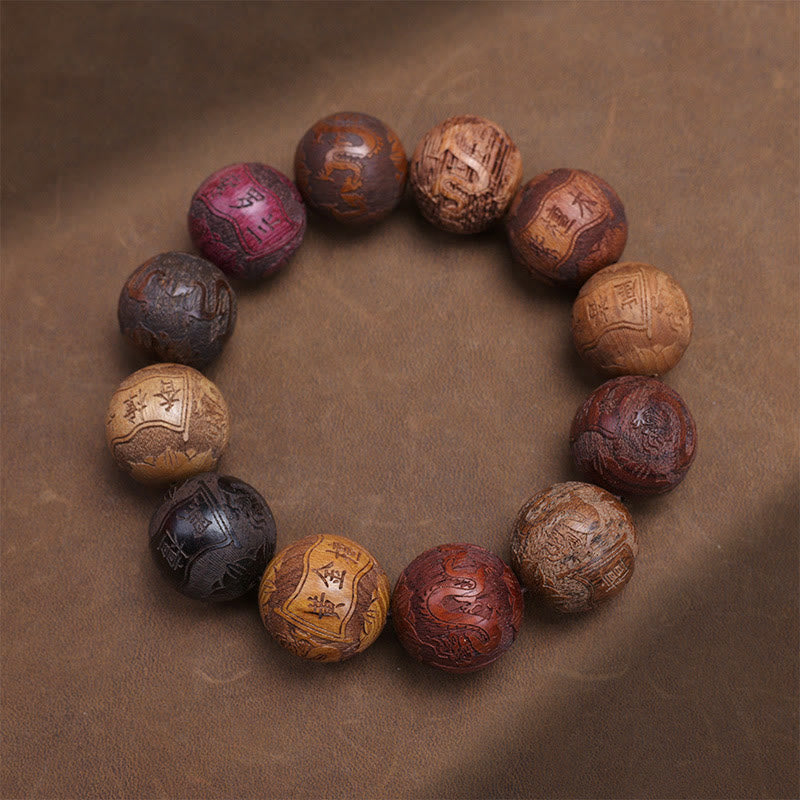 Buddha Stones Carving Sandalwood Chinese Zodiac Auspicious Dragon Phoenix Fu Character Healing Bracelet