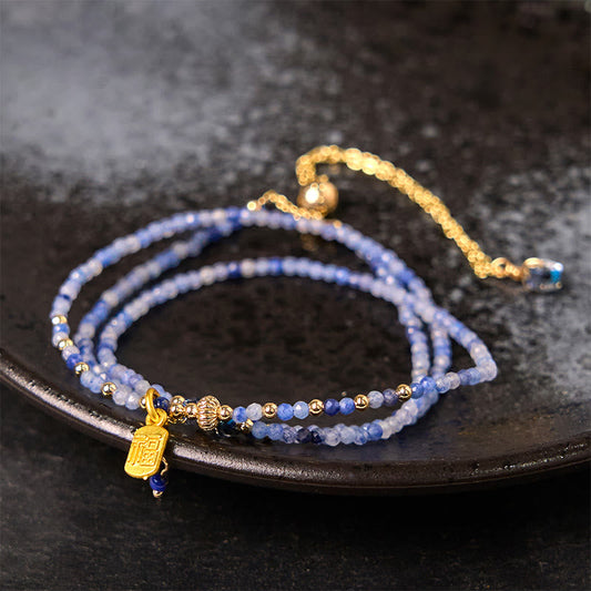Buddha Stones 3mm Ultra-thin Beads Natural Lazurite Lapis Lazuli Triple Wrap Fu Character Positive Bracelet
