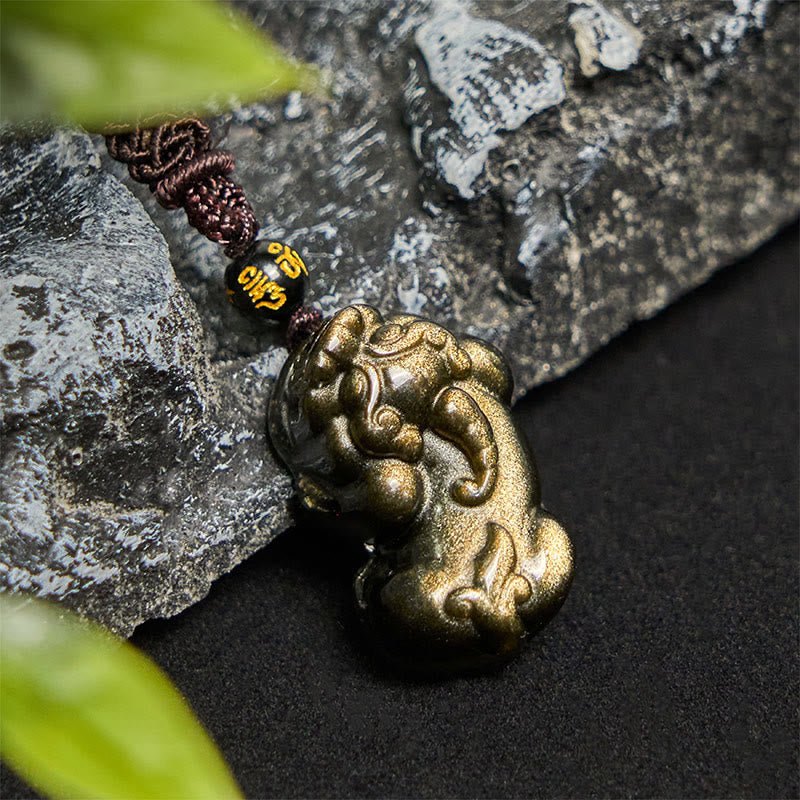 Buddha Stones Gold Sheen Obsidian Pixiu Wealth Rope Necklace Pendant