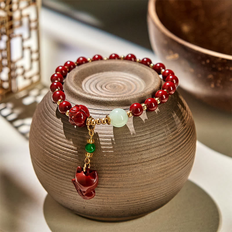 Buddha Stones Cinnabar Lotus Fox Charm Blessing Bracelet