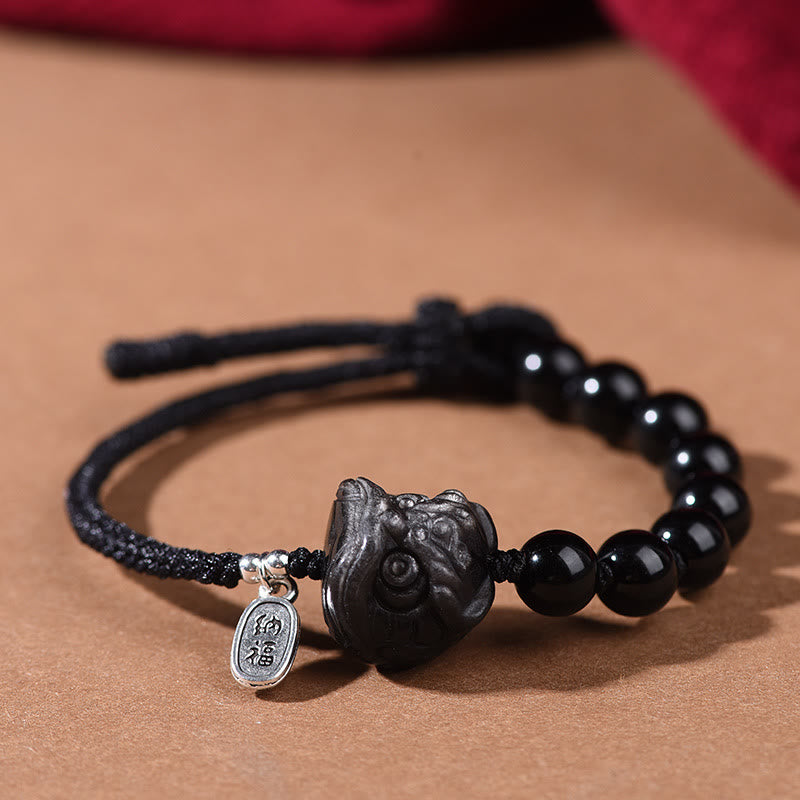 Buddha Stones Black Obsidian Silver Sheen Obsidian Cat Dancing Lion Strength Bracelet