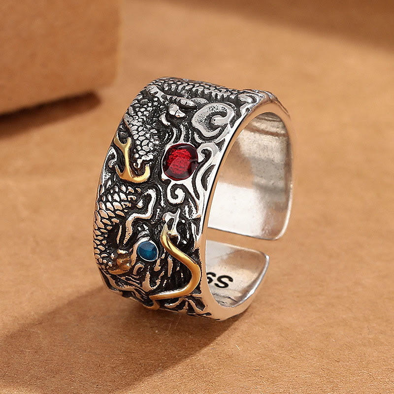 Buddha Stones Dragon Pattern Copper Plated Silver Balance Ring