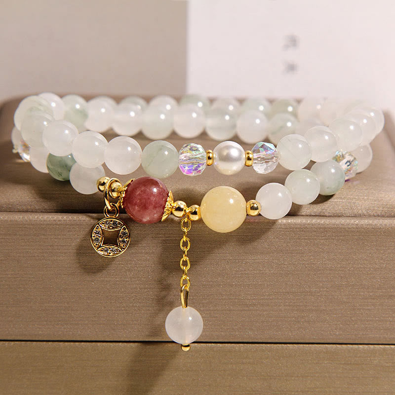 Buddha Stones Tourmaline Purple Jade Aquamarine Jade Copper Coin Positive Double Wrap Bracelet