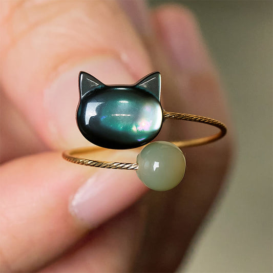 Buddha Stones Black Tridacna Stone Cat Jade Blessing Adjustable Ring