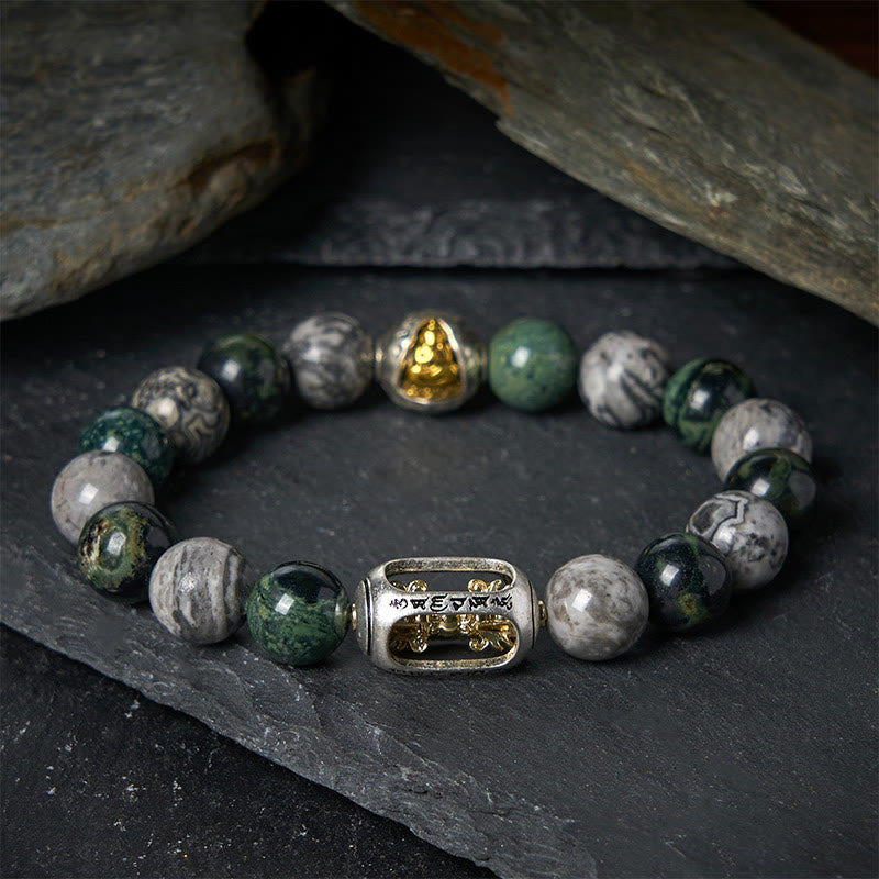 Buddha Stones Natural Grey Jasper Kambamba Jasper Om Mani Padme Hum Formless Buddha Healing Bracelet