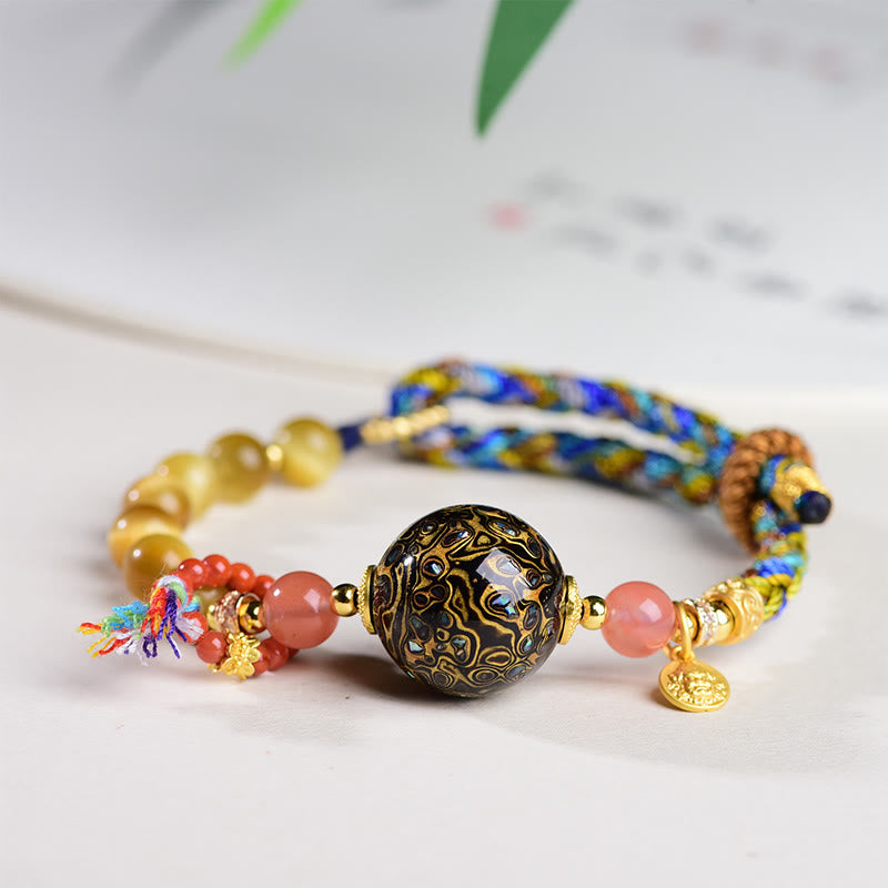 Buddha Stones Tibetan Lacquer Bead Hand-woven Tiger Eye Stone Protection Bracelet