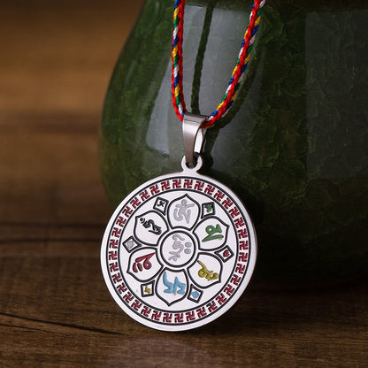 Buddha Stones Colorful Om Mani Padme Hum Titanium Steel Protection Rope Necklace Pendant