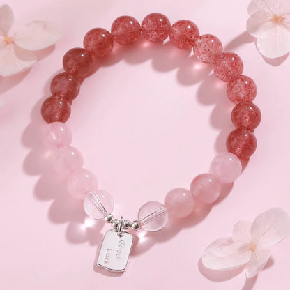 Buddha Stones Amethyst Rose Quartz Strawberry Quartz Good Luck Charm Bracelet