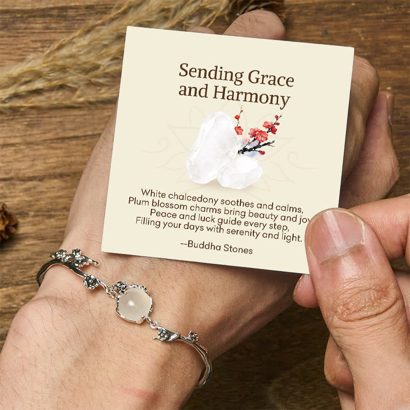 Buddha Stones "sending Grace and Harmony"plum Blossom Chalcedony Bracelet Includes Gift Message Card