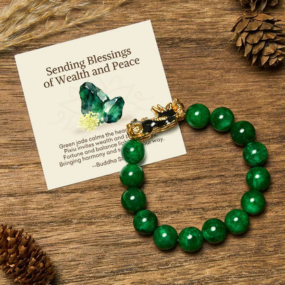 Buddha Stones "sending Blessings of Wealth and Peace" Pixiu Jade Bracelet Includes Gift Message Card