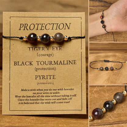 Buddha Stones Tiger Eye Black Tourmaline Pyrite Protection Card Rope Bracelet