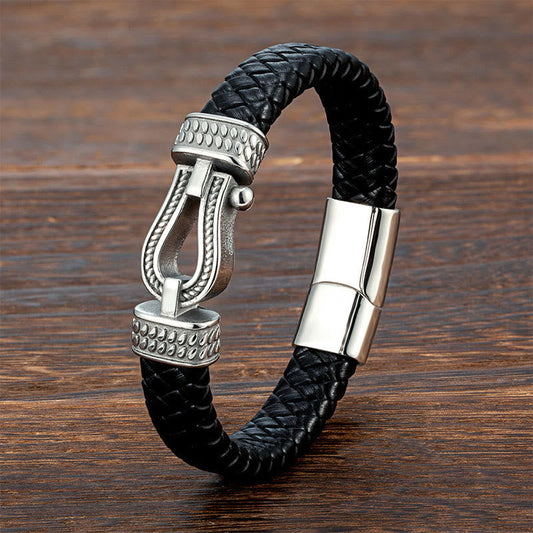 Buddha Stones Leather Horseshoe-shaped Titanium Steel Balance Braided Magnetic Buckle Bracelet