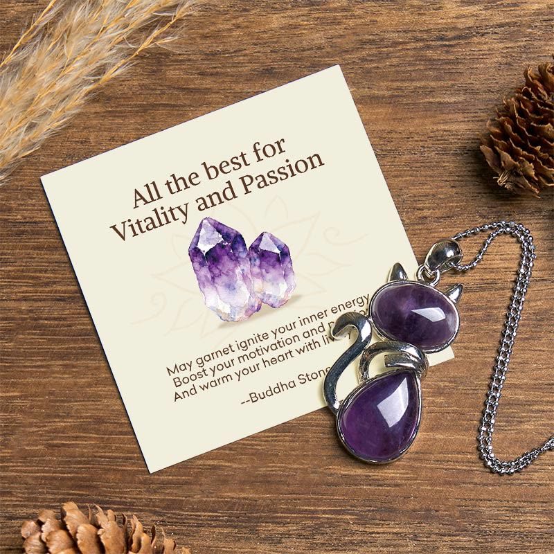 Buddha Stones "all the Best for Calm and Wisdom" Cat Amethyst Necklace Includes Gift Message Card