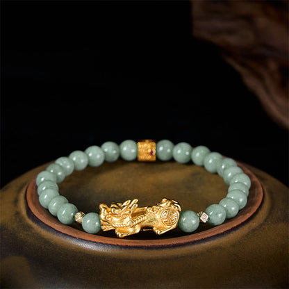 Buddha Stones Golden Pi Xiu Charm Jade Luck Prosperity Beaded Bracelet