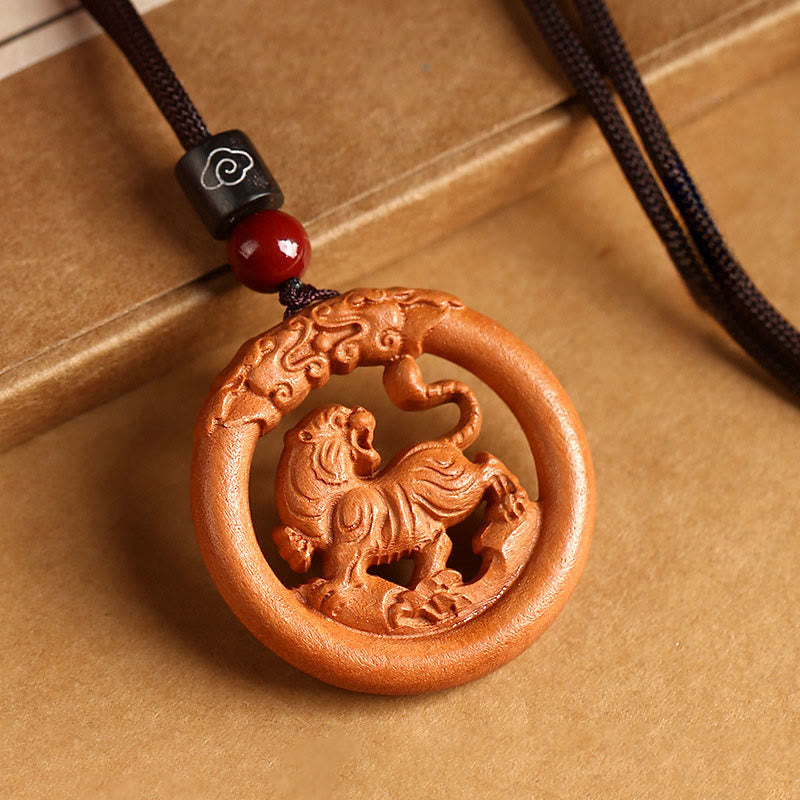 Buddha Stones Peach Wood Chinese Zodiac Year of the Horse Ward Off Evil Spirits Necklace Pendants