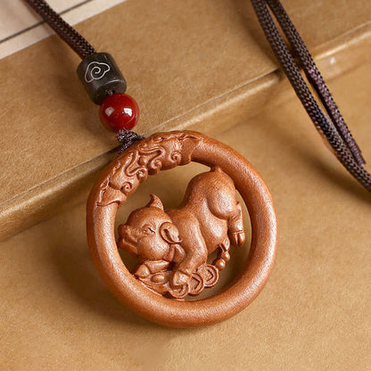 Buddha Stones Peach Wood Chinese Zodiac Year of the Horse Ward Off Evil Spirits Necklace Pendants